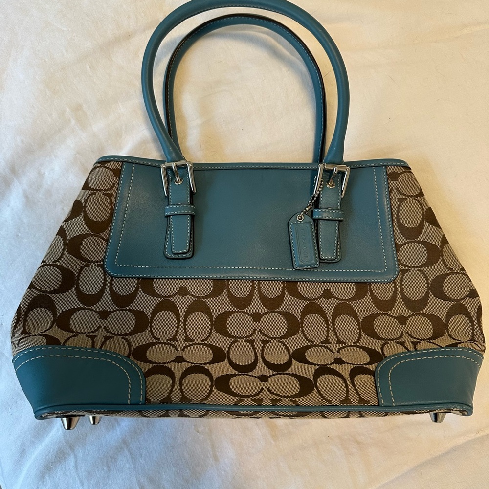 Coach Teal and Brown Signature Tote Bag